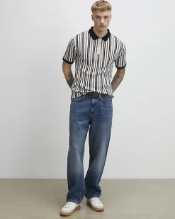 Blue Slim Fit Zip Neck Stripe Polo Shirt