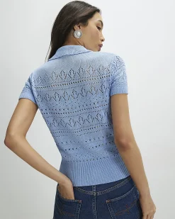 Blue Stitched Knit Polo Top