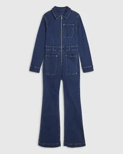 Blue Stretch Denim Straight Leg Jumpsuit