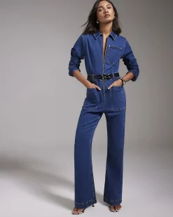 Blue Stretch Denim Straight Leg Jumpsuit
