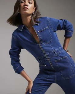 Blue Stretch Denim Straight Leg Jumpsuit