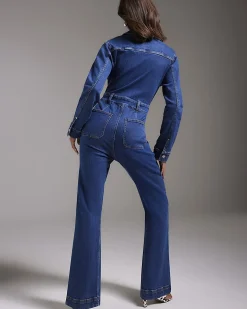 Blue Stretch Denim Straight Leg Jumpsuit