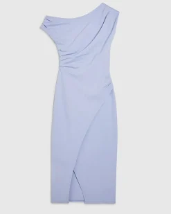 Blue Stretch Draped Midi Dress