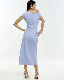 Blue Stretch Draped Midi Dress