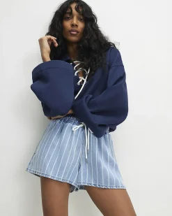 Blue Stripe Drawstring Denim Shorts