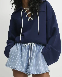 Blue Stripe Drawstring Denim Shorts