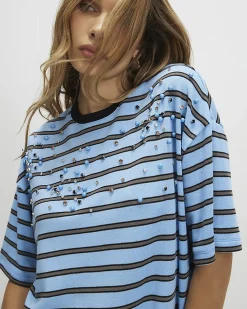 Blue Stripe Embellished T-Shirt