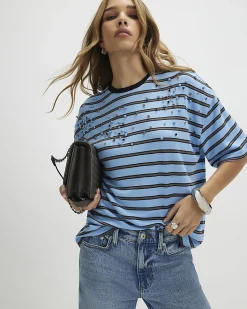 Blue Stripe Embellished T-Shirt
