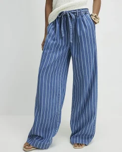 Blue Stripe Wide Leg Paperbag Jeans