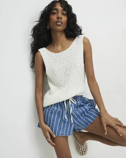 Blue Striped Denim Shorts