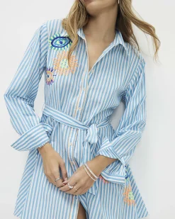 Blue Striped Embroidered Shirt Mini Dress