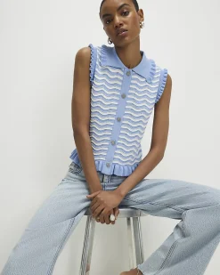 Blue Striped Knit Collared Tank Top