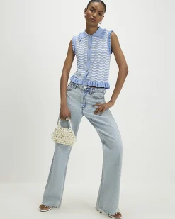 Blue Striped Knit Collared Tank Top