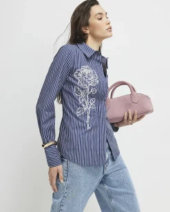 Blue Striped Long Sleeve Embroidered Shirt