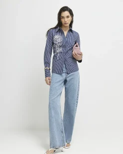 Blue Striped Long Sleeve Embroidered Shirt