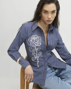 Blue Striped Long Sleeve Embroidered Shirt