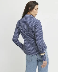 Blue Striped Long Sleeve Embroidered Shirt