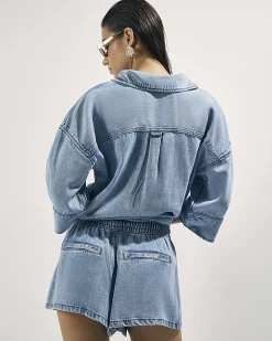 Blue Tie Waist Denim Shorts