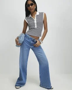Blue Turn Down Hem Wide Leg Jeans