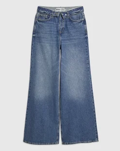 Blue Turned Down Waist Wide Leg Jeans