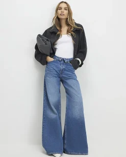 Blue Turned Down Waist Wide Leg Jeans