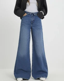 Blue Turned Down Waist Wide Leg Jeans