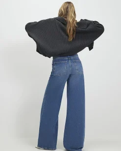 Blue Turned Down Waist Wide Leg Jeans