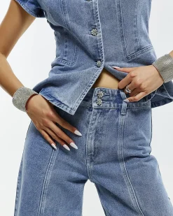 Blue Washed Bling Button Wide Leg Jeans