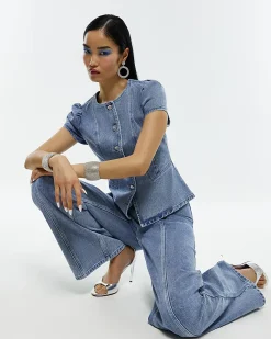 Blue Washed Bling Button Wide Leg Jeans