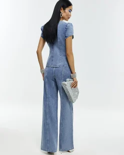 Blue Washed Bling Button Wide Leg Jeans