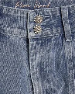 Blue Washed Bling Button Wide Leg Jeans