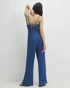 Blue Wide Leg Denim Jumpsuit
