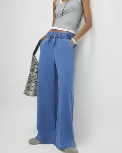 Blue Wide Leg Paperbag Jeans