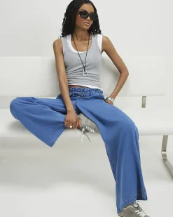 Blue Wide Leg Paperbag Jeans
