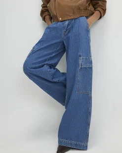 Blue Wide Leg Pleated Cargo Pocket Jeans