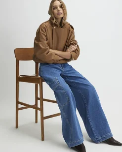 Blue Wide Leg Pleated Cargo Pocket Jeans