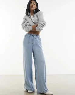Blue Wide Leg Pyjama Style Drawstring Jeans