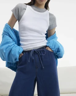 Blue Wide Leg Pyjama Style Drawstring Jeans