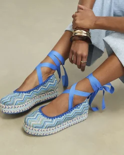 Blue Zig Zag Raffia Lace Up Flatform Shoes