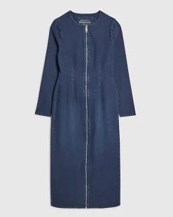 Blue Zip Through Denim Midi Dress