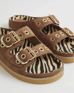 Brown Animal Footbed Double Strap Sandals