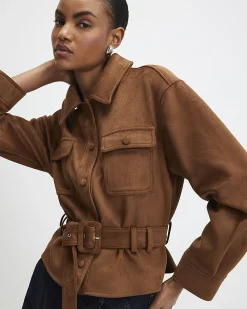 Brown Belted Faux Suede Jacket