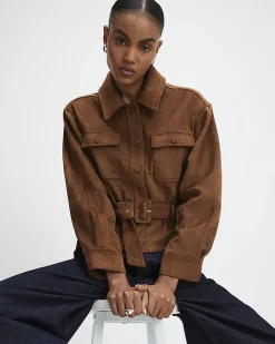 Brown Belted Faux Suede Jacket
