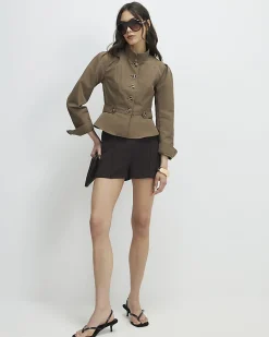 Brown Belted Pintuck Shorts