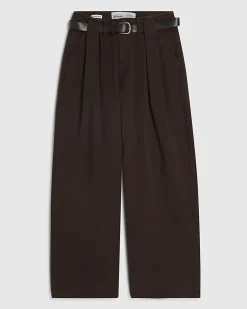 Brown Belted Pleated Wide Leg Jeans