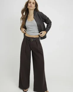 Brown Belted Pleated Wide Leg Jeans