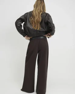 Brown Belted Pleated Wide Leg Jeans