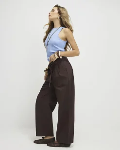 Brown Belted Wide Leg Poplin Trousers
