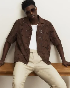 Brown Boxy Fit Lace Fabric Block Shirt