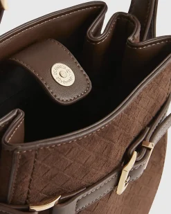 Brown Buckle Top Weave Detail Bucket Bag